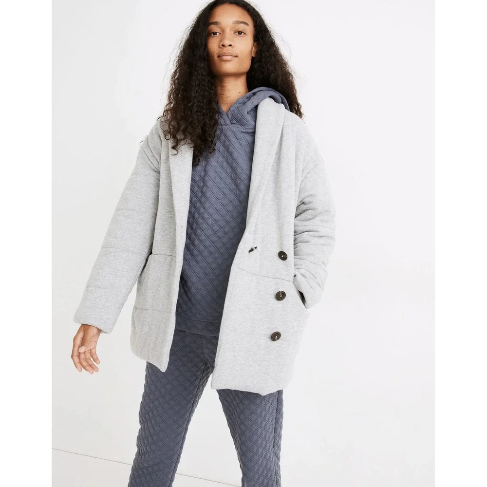 Madewell Quilted Shaw Puffer Coat Women S Gray Button Jacket Front Pockets